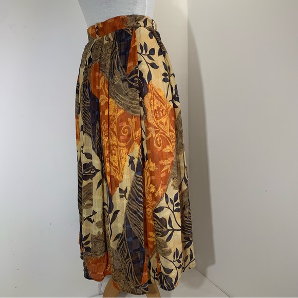 014 Libra Midi Skirt Pleated Vintage Lined Brown Orange Beige Mix Floral UK 12 - Picture 6 of 14